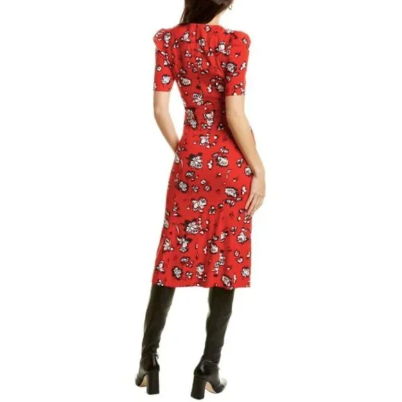 Veronica Beard Joia Red Multi Floral Print V-Neck Midi Dress Women's Size 2 - Picture 4 of 12